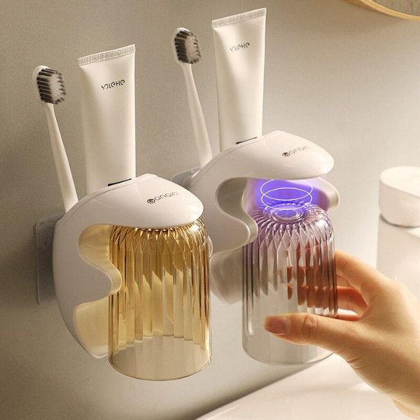 Set de Dispensador automático de pasta de dientes y soporte de pared para vaso y cepillo de dientes