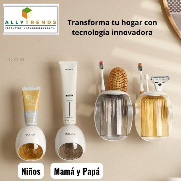 Set de Dispensador automático de pasta de dientes y soporte de pared para vaso y cepillo de dientes
