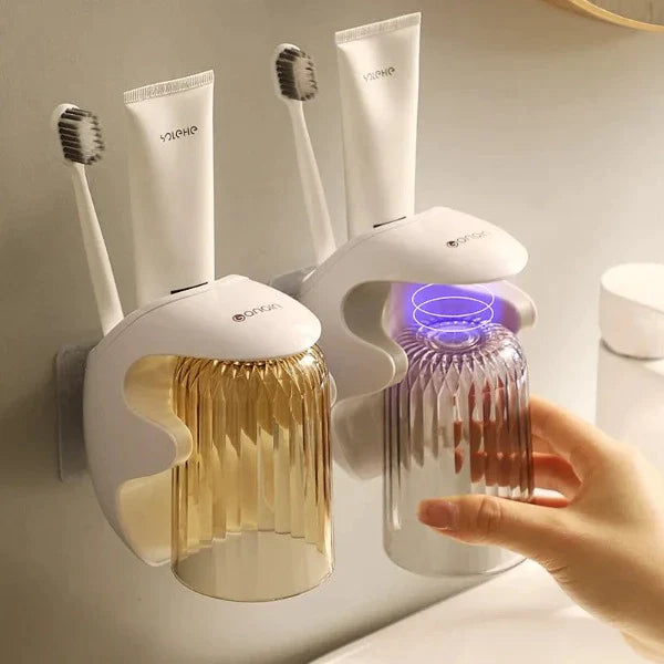 Set de Dispensador automático de pasta de dientes y soporte de pared para vaso y cepillo de dientes