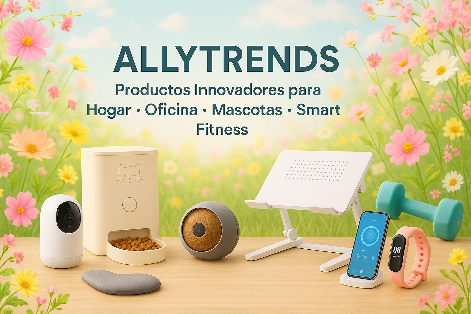 crea-una-imagen-primaveral-de-tienda-allytrends-de-productos-innovadores-para-el-hogar-oficina-trabajo-mascotas-smart-y-fitness y coloca los textos centrados para que se vean
