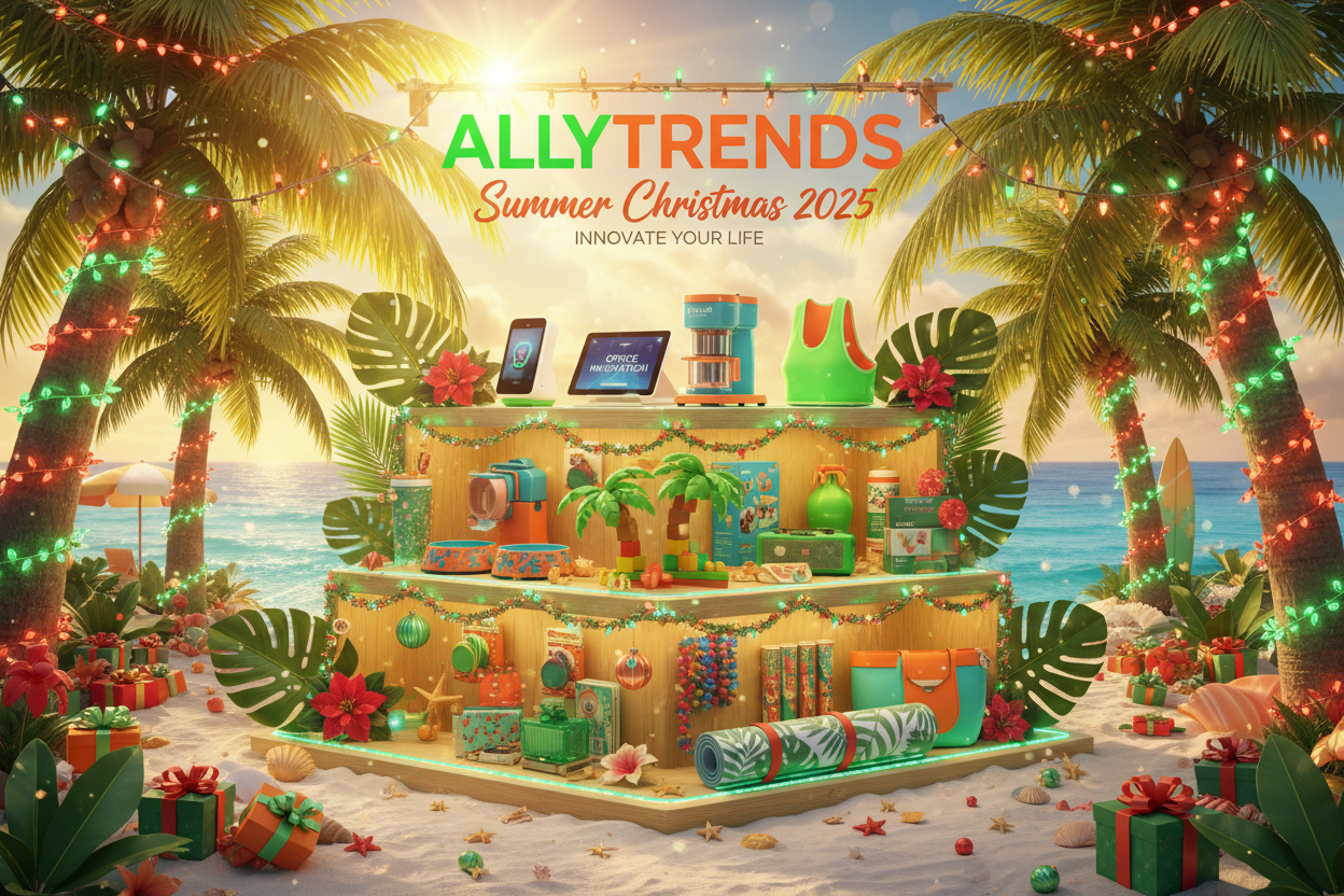 “Diseña una imagen promocional estilo navideño-veraniego para la tienda ALLYTRENDS, especializada en productos innovadores para el hogar, oficina, trabajo, cocina, baño, fitness, mascotas, niños, moda, tecnología y artículos para fiestas. Mantén un ambiente festivo de Navidad 2025 combinado con clima de verano: colores vivos, luces navideñas, brillos y detalles tropicales (palmeras, sol, tonos cálidos). Incluye elementos visuales en colores corporativos (#03B42B verde Ally y #e78121 naranja Trends). La comp