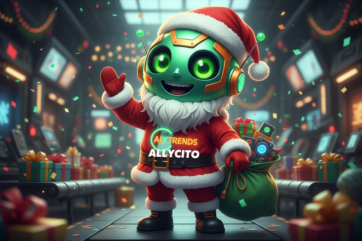 Generar una imagen de ALLYCITO mascotas de ALLYTRENDS, es un Robot simpático y alegre de colores verdes y naranjas, vestido de Viejo Pascuero