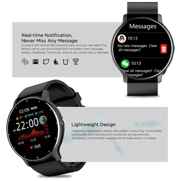 Reloj deportivo inteligente , posee pantalla completamente táctil,  resistente al agua, bluetooth para Android e IOS.