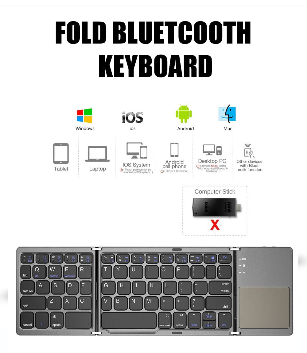 Mini teclado plegable bluetooth 3.0 inalámbrico para Windows, Smartphone/Tablet Android e iPhone/iPad IOS. - Comercial AllyTrends SpA